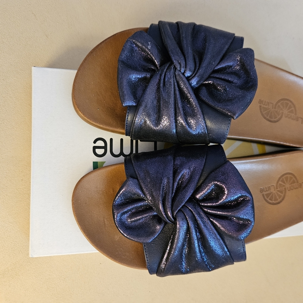 Lemon 'N Lime Navy Iridescent Suede Slides With T… - image 3